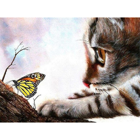 Faszinierendes Diamond Painting: Katze beobachtet einen Schmetterling