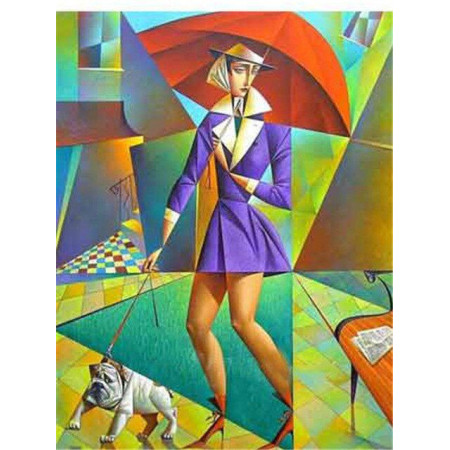 Diamond Painting  – Regenschirm-Frau und Hund im Picasso-Stil